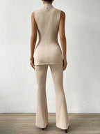 Mock Neck Split Hem Tank Top & Flare Leg Pants shein