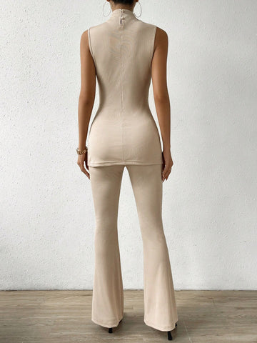 Mock Neck Split Hem Tank Top & Flare Leg Pants