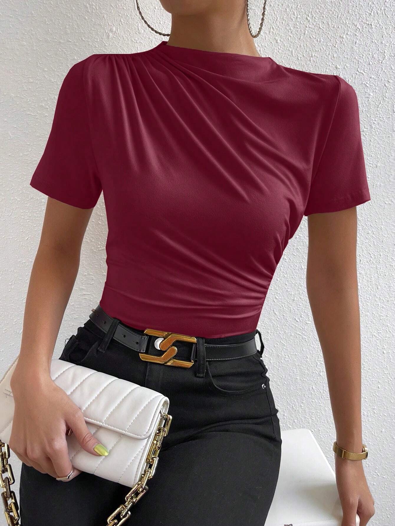 RosyDaze Ruched Mock Neck Tee shein