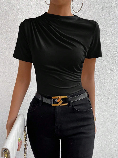 RosyDaze Ruched Mock Neck Tee shein