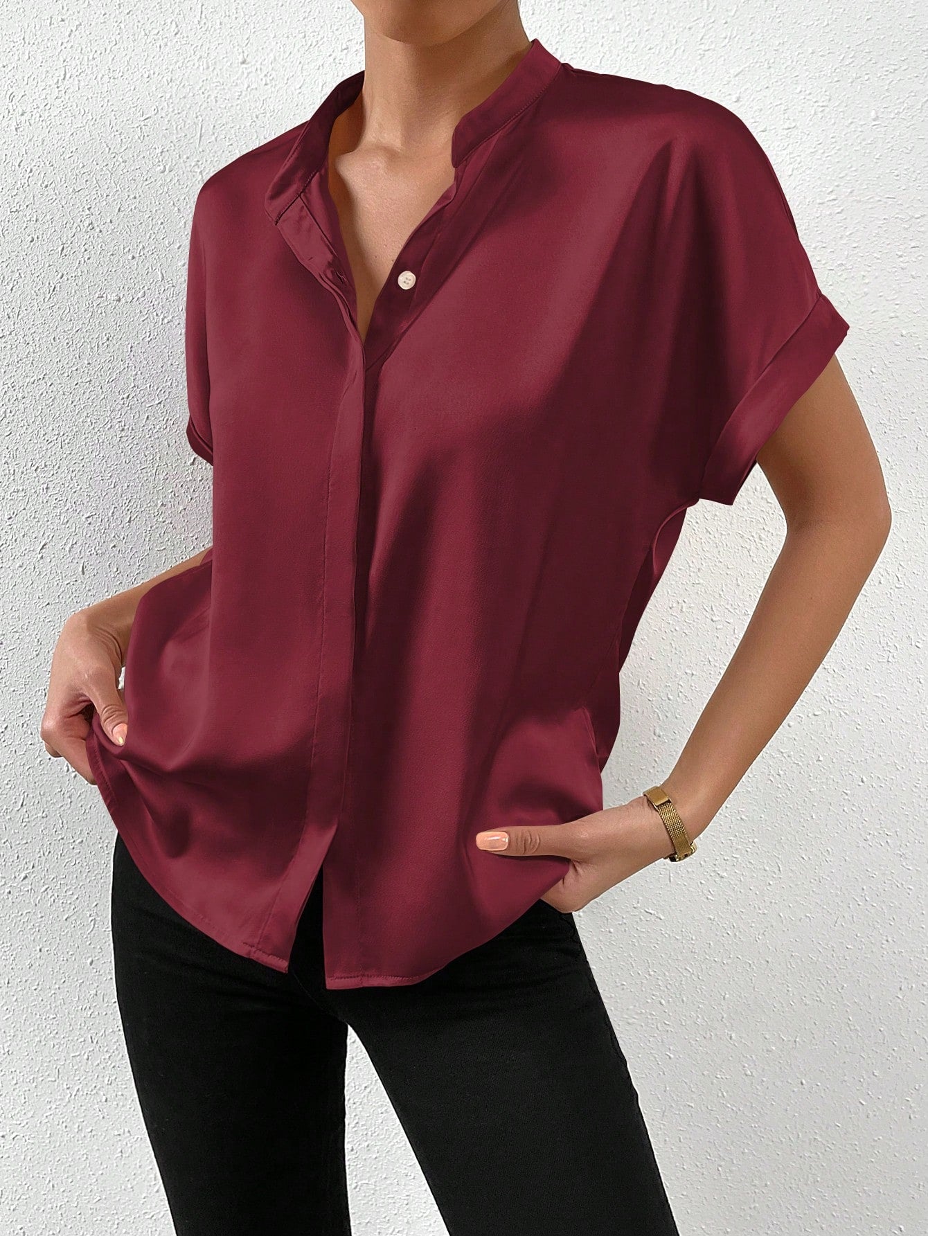 RosyDaze Solid Batwing Sleeve Satin Shirt