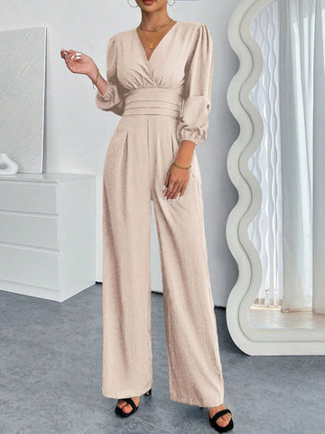 Women's V-Neck Pleated Solid Long Sleeve Jumpsuit