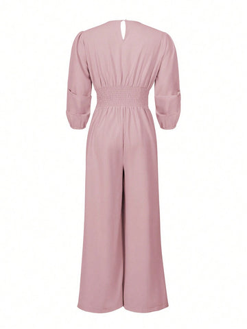 Women's V-Neck Pleated Solid Long Sleeve Jumpsuit