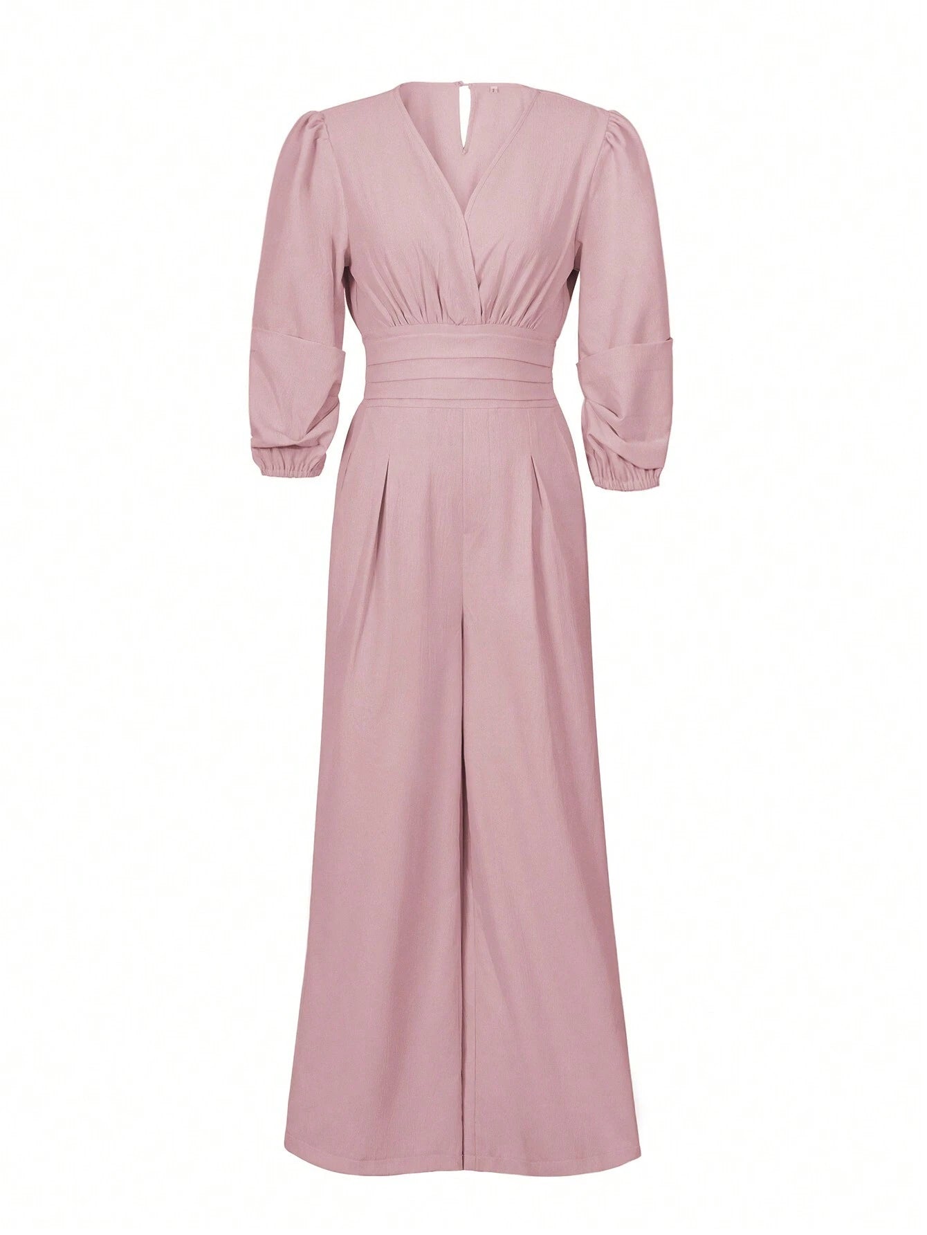 Women's V-Neck Pleated Solid Long Sleeve Jumpsuit