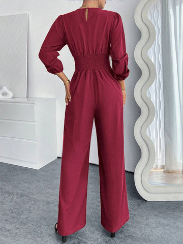 Women's V-Neck Pleated Solid Long Sleeve Jumpsuit