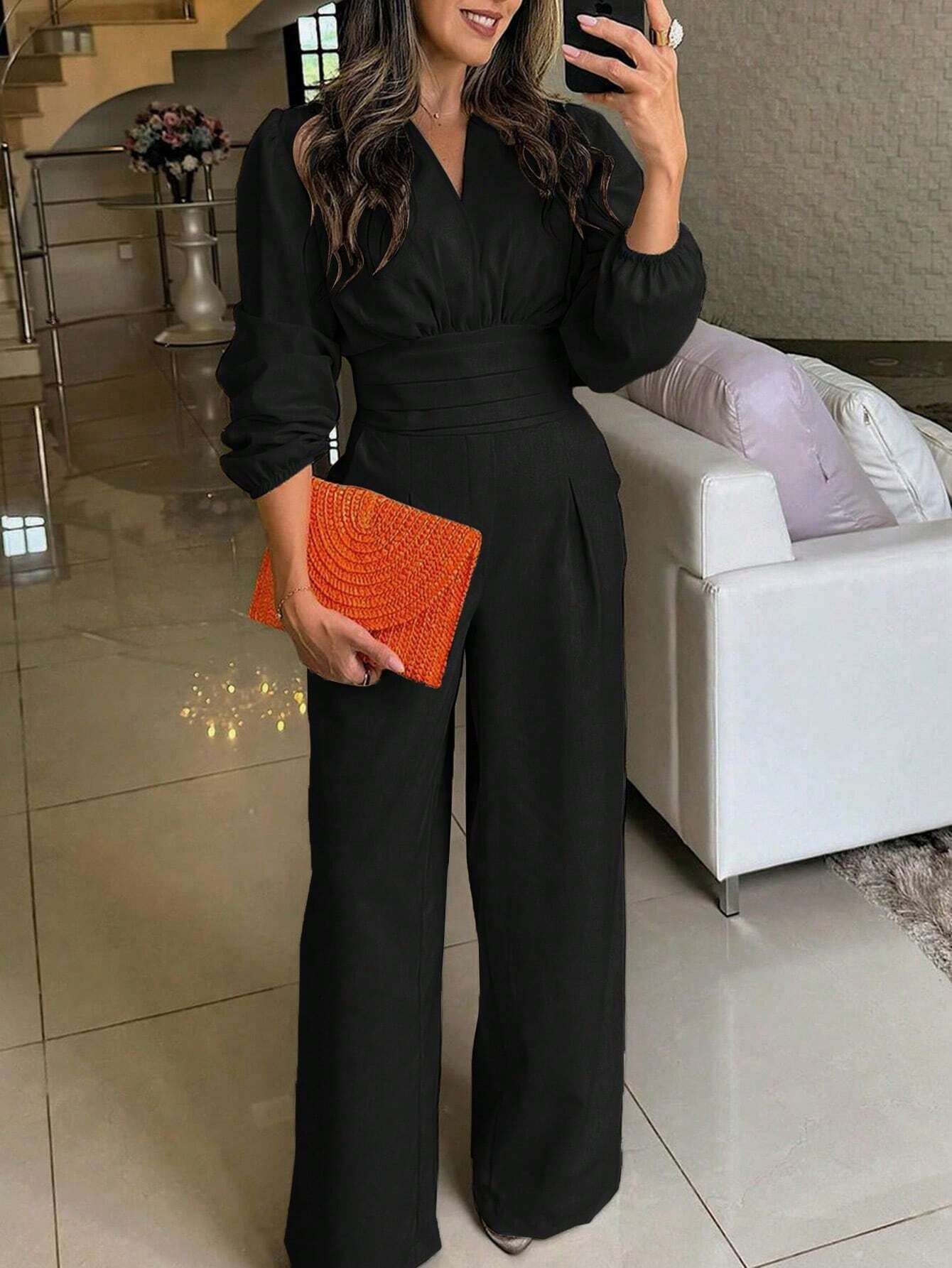 Women's V-Neck Pleated Solid Long Sleeve Jumpsuit