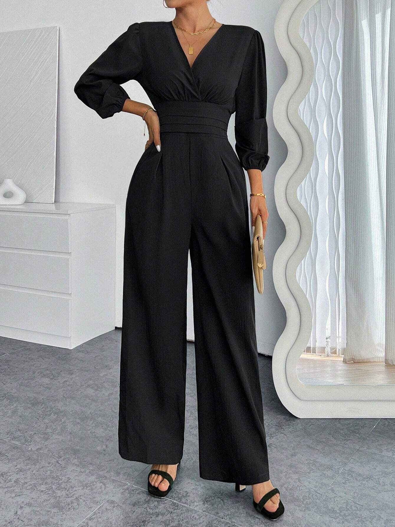 Women's V-Neck Pleated Solid Long Sleeve Jumpsuit