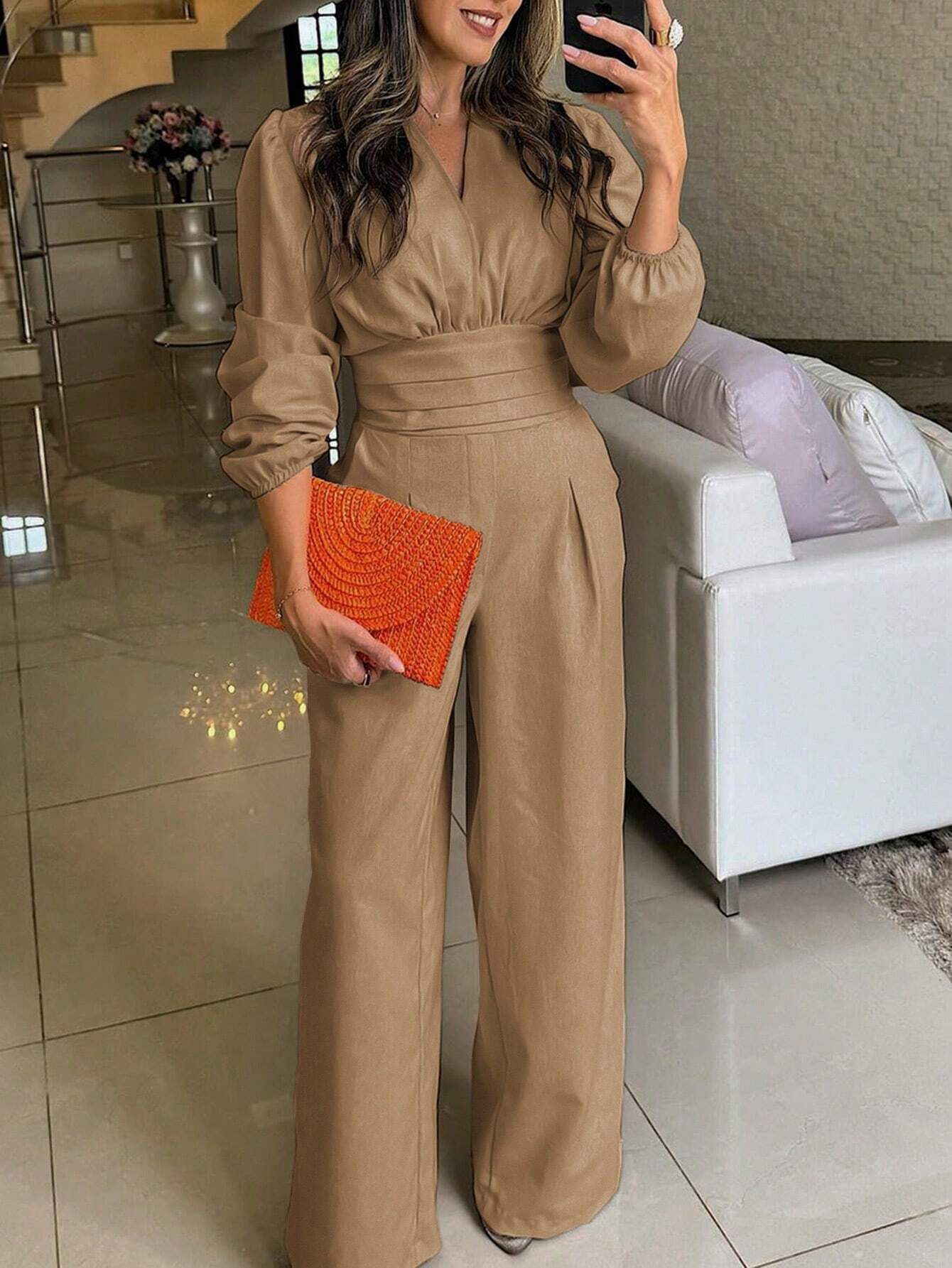 Women's V-Neck Pleated Solid Long Sleeve Jumpsuit