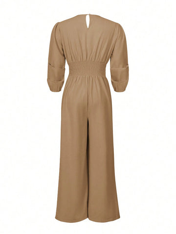 Women's V-Neck Pleated Solid Long Sleeve Jumpsuit