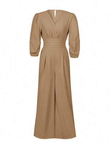 Women's V-Neck Pleated Solid Long Sleeve Jumpsuit
