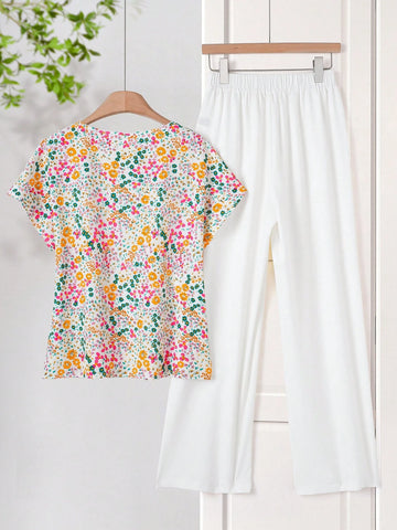 Women Solid Color Round Neck Short Sleeve Top And Flower Print Wide Leg Pants Set