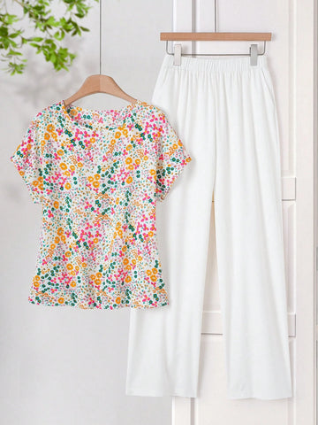 Women Solid Color Round Neck Short Sleeve Top And Flower Print Wide Leg Pants Set
