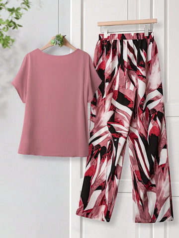 Women Solid Color Round Neck Short Sleeve Top And Flower Print Wide Leg Pants Set