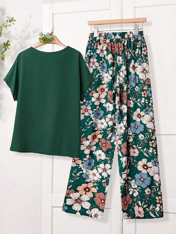 Women Solid Color Round Neck Short Sleeve Top And Flower Print Wide Leg Pants Set