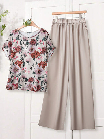 Women Solid Color Round Neck Short Sleeve Top And Flower Print Wide Leg Pants Set