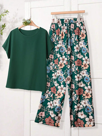 Women Solid Color Round Neck Short Sleeve Top And Flower Print Wide Leg Pants Set
