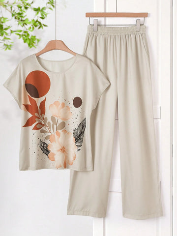 Women Solid Color Round Neck Short Sleeve Top And Flower Print Wide Leg Pants Set