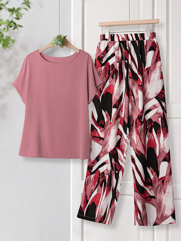 Women Solid Color Round Neck Short Sleeve Top And Flower Print Wide Leg Pants Set