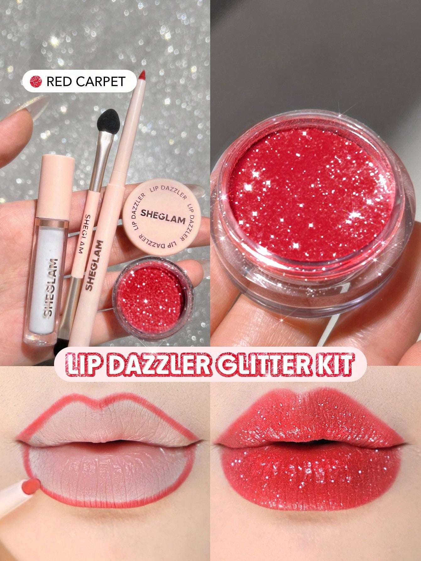 Lip Dazzler Glitter Kit-Red Carpet Long-Lasting Glitter Lip Gloss