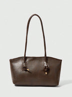 1pc Coffee Brown Quilted Zipper Closure PU Solid Color Bowling Bag shein