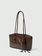 1pc Coffee Brown Quilted Zipper Closure PU Solid Color Bowling Bag shein