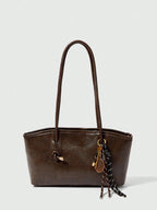 1pc Coffee Brown Quilted Zipper Closure PU Solid Color Bowling Bag shein