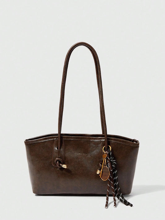 1pc Coffee Brown Quilted Zipper Closure PU Solid Color Bowling Bag