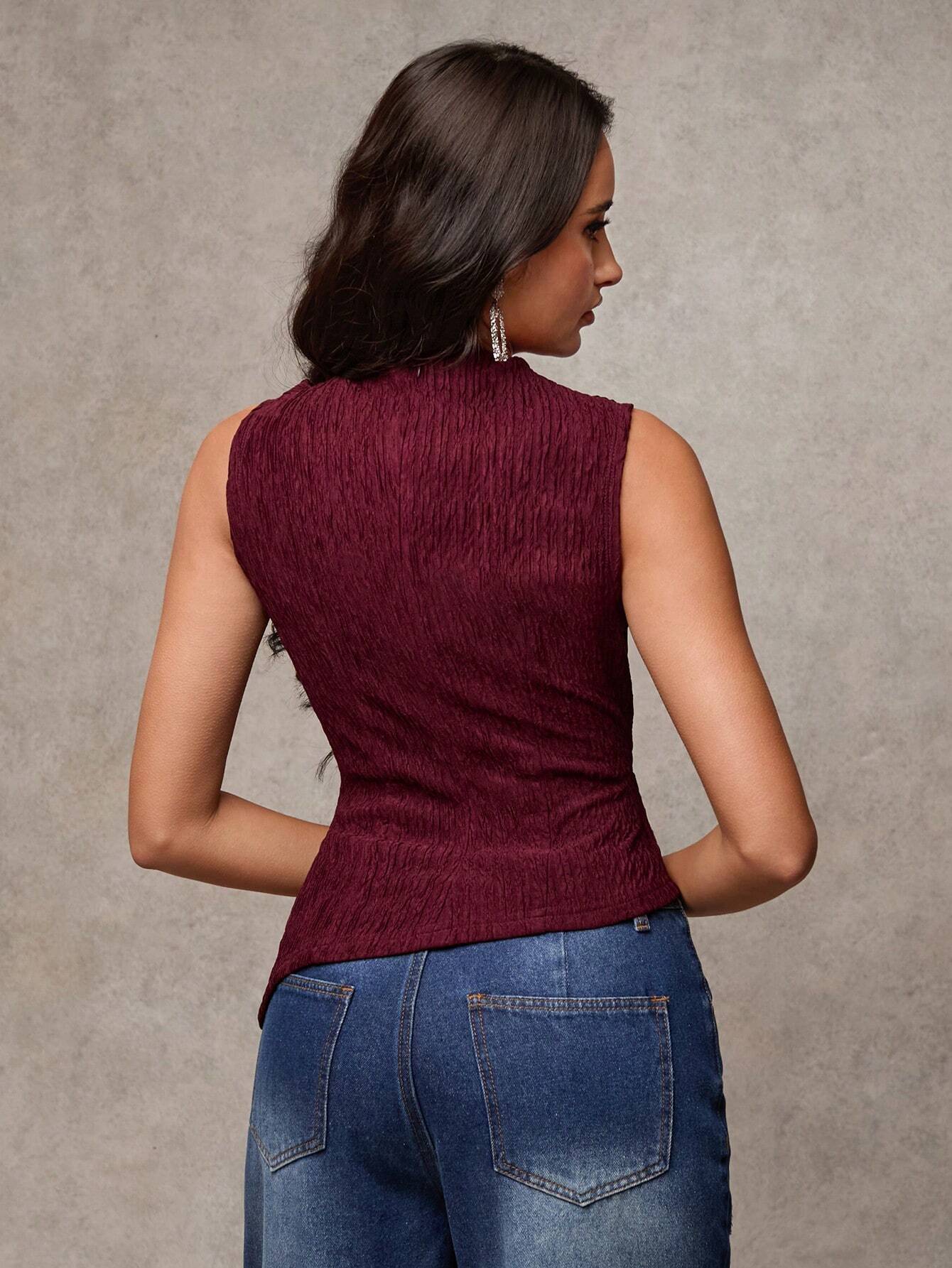 Women's Solid Color Mock Neck Pleated Fashion Versatile Camisole shein