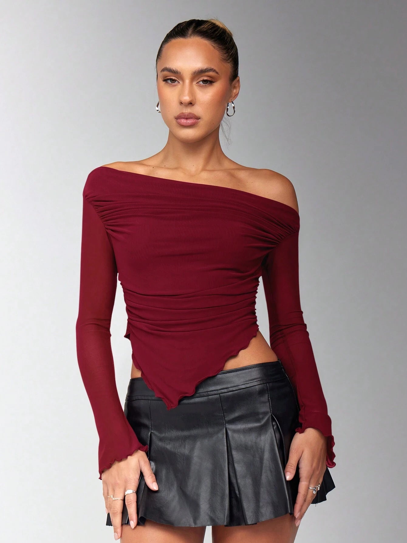 Oblique Shoulder Ruched Asymmetrical Hem Mesh Panel Long Sleeve T-Shirt
