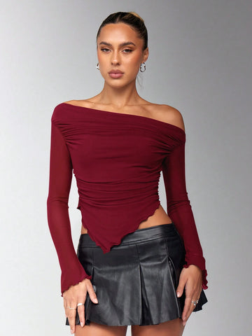 Oblique Shoulder Ruched Asymmetrical Hem Mesh Panel Long Sleeve T-Shirt