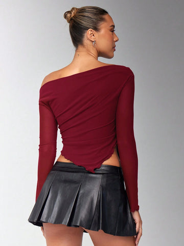 Oblique Shoulder Ruched Asymmetrical Hem Mesh Panel Long Sleeve T-Shirt