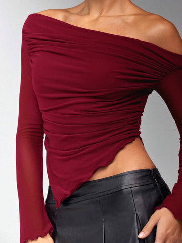 Oblique Shoulder Ruched Asymmetrical Hem Mesh Panel Long Sleeve T-Shirt