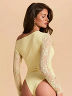 Women's Asymmetric Lace Patchwork Sheer Bodysuit shein