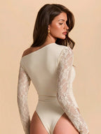 Women's Asymmetric Lace Patchwork Sheer Bodysuit shein