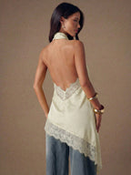 Asymmetrical Hem Lace Patchwork Elegant Halter Neck Top shein