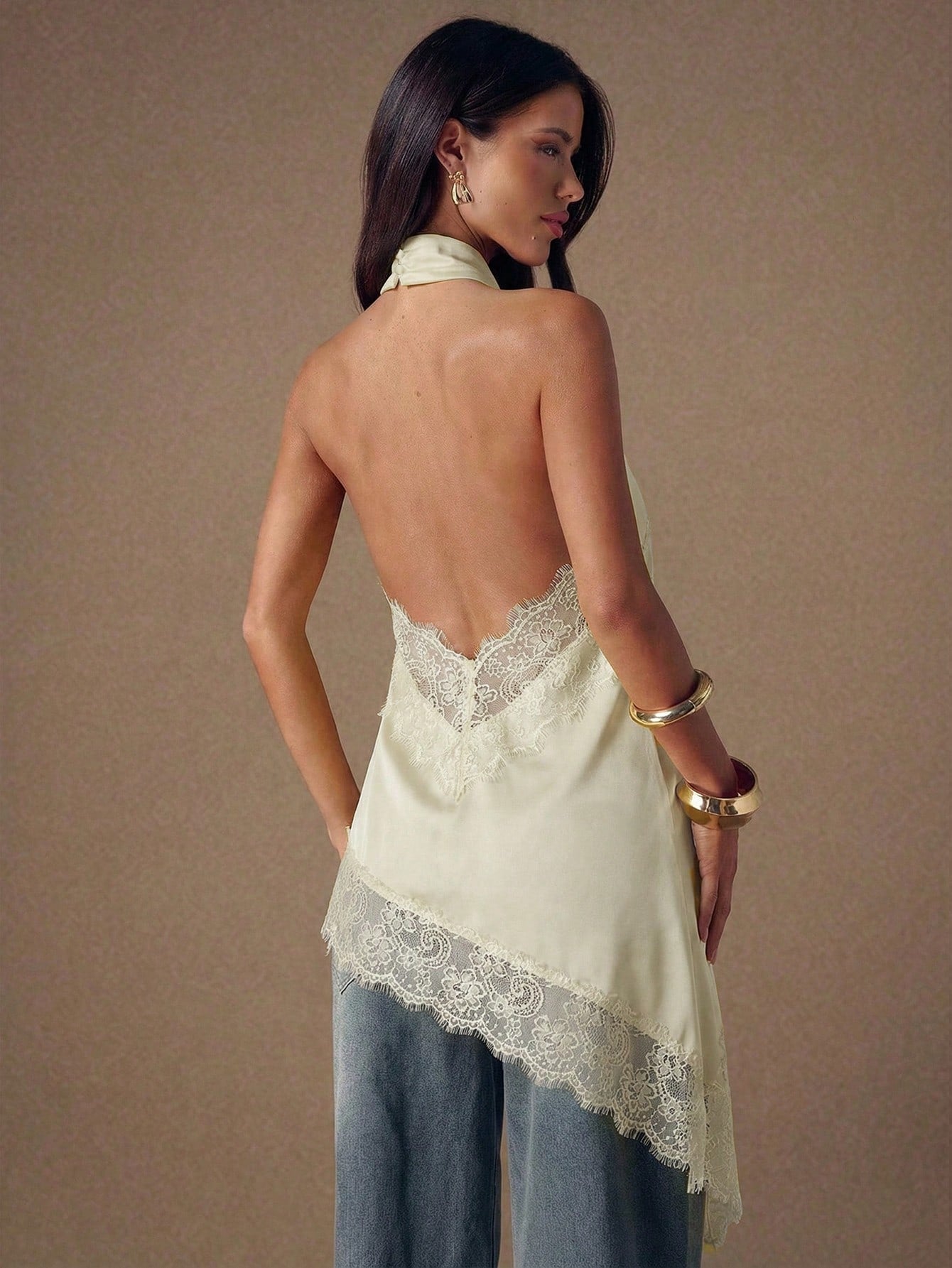 Asymmetrical Hem Lace Patchwork Elegant Halter Neck Top shein