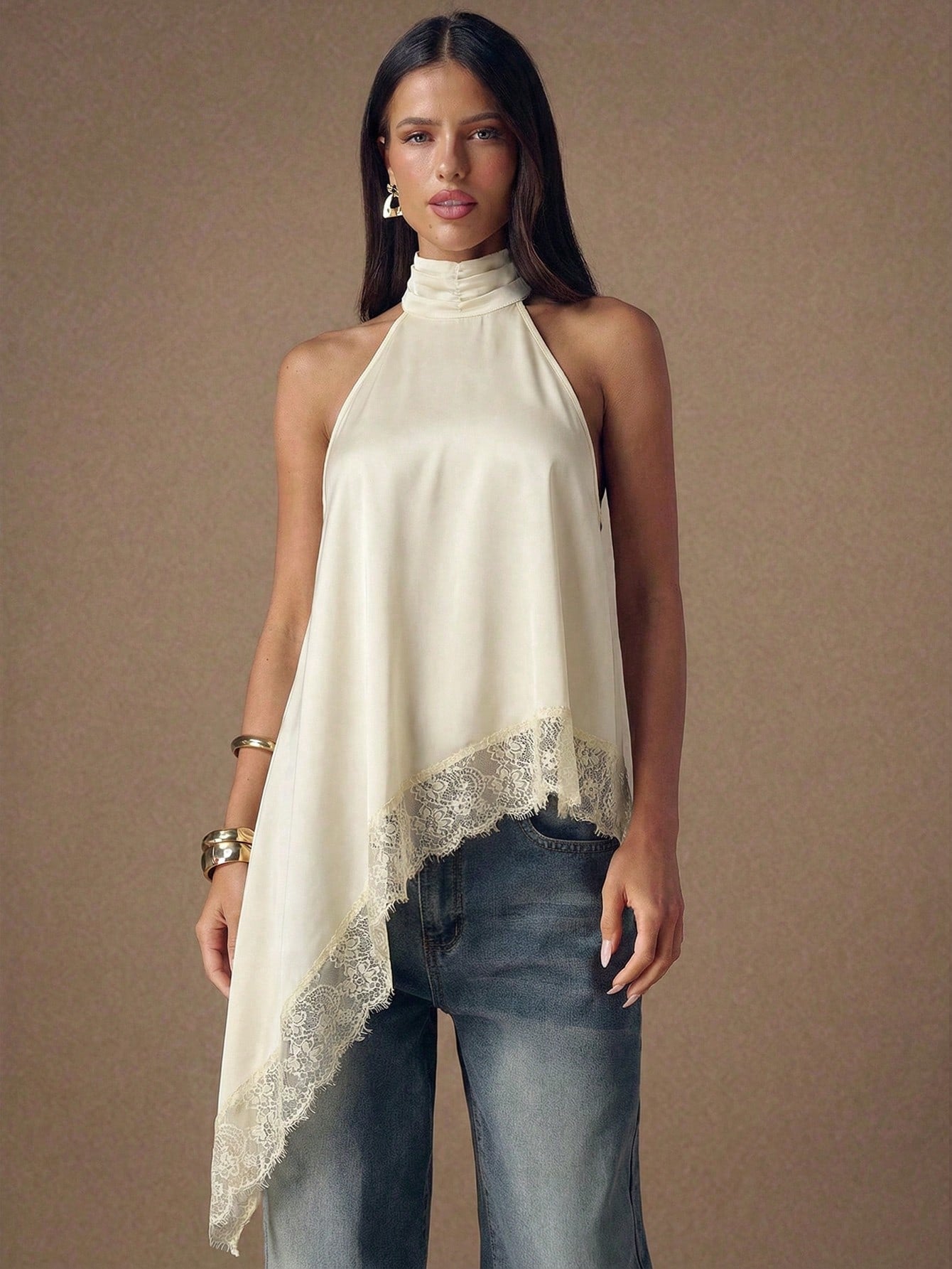 Asymmetrical Hem Lace Patchwork Elegant Halter Neck Top shein