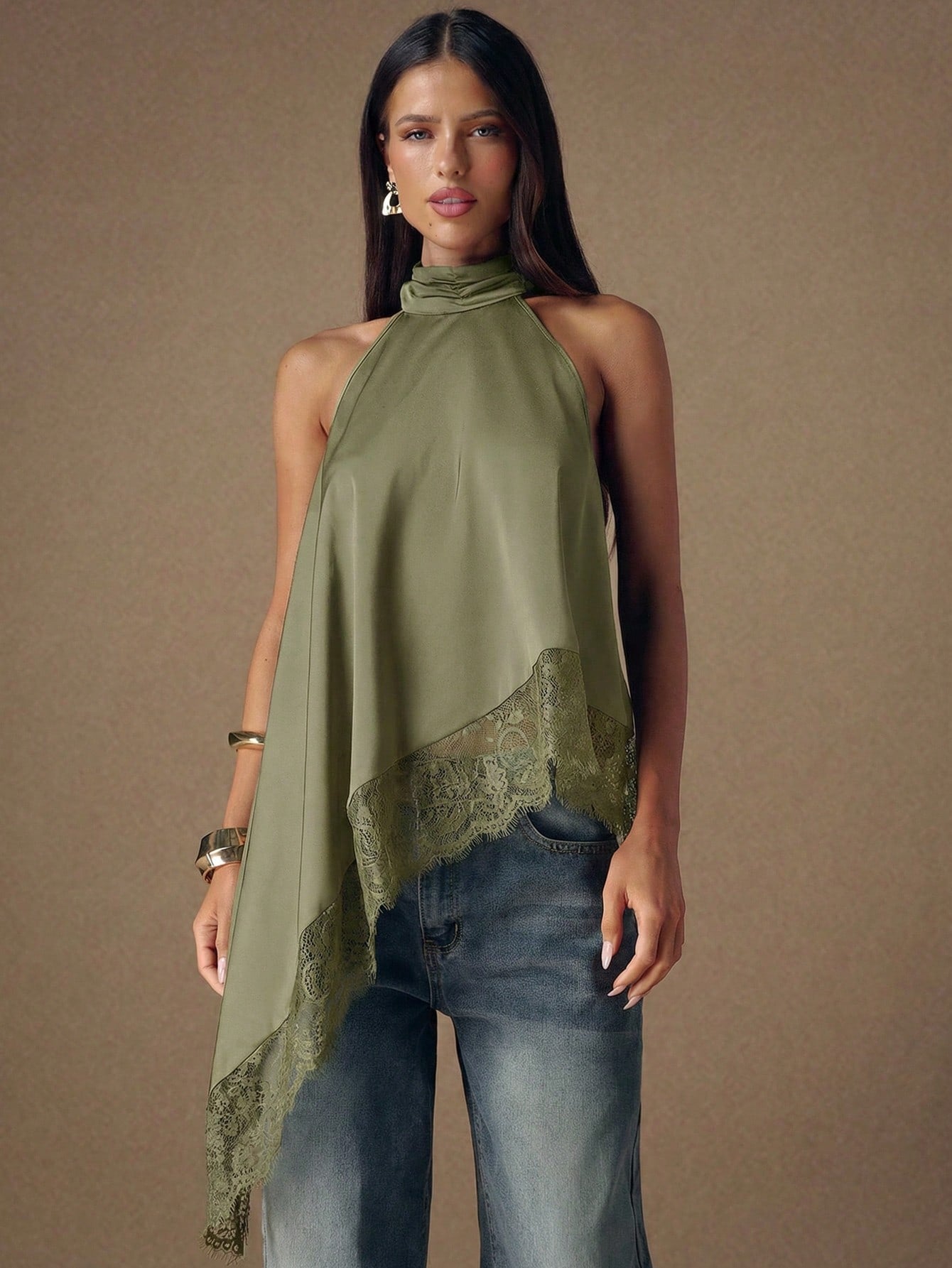 Asymmetrical Hem Lace Patchwork Elegant Halter Neck Top shein