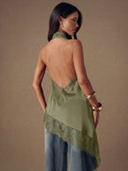 Asymmetrical Hem Lace Patchwork Elegant Halter Neck Top shein