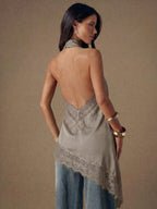 Asymmetrical Hem Lace Patchwork Elegant Halter Neck Top shein