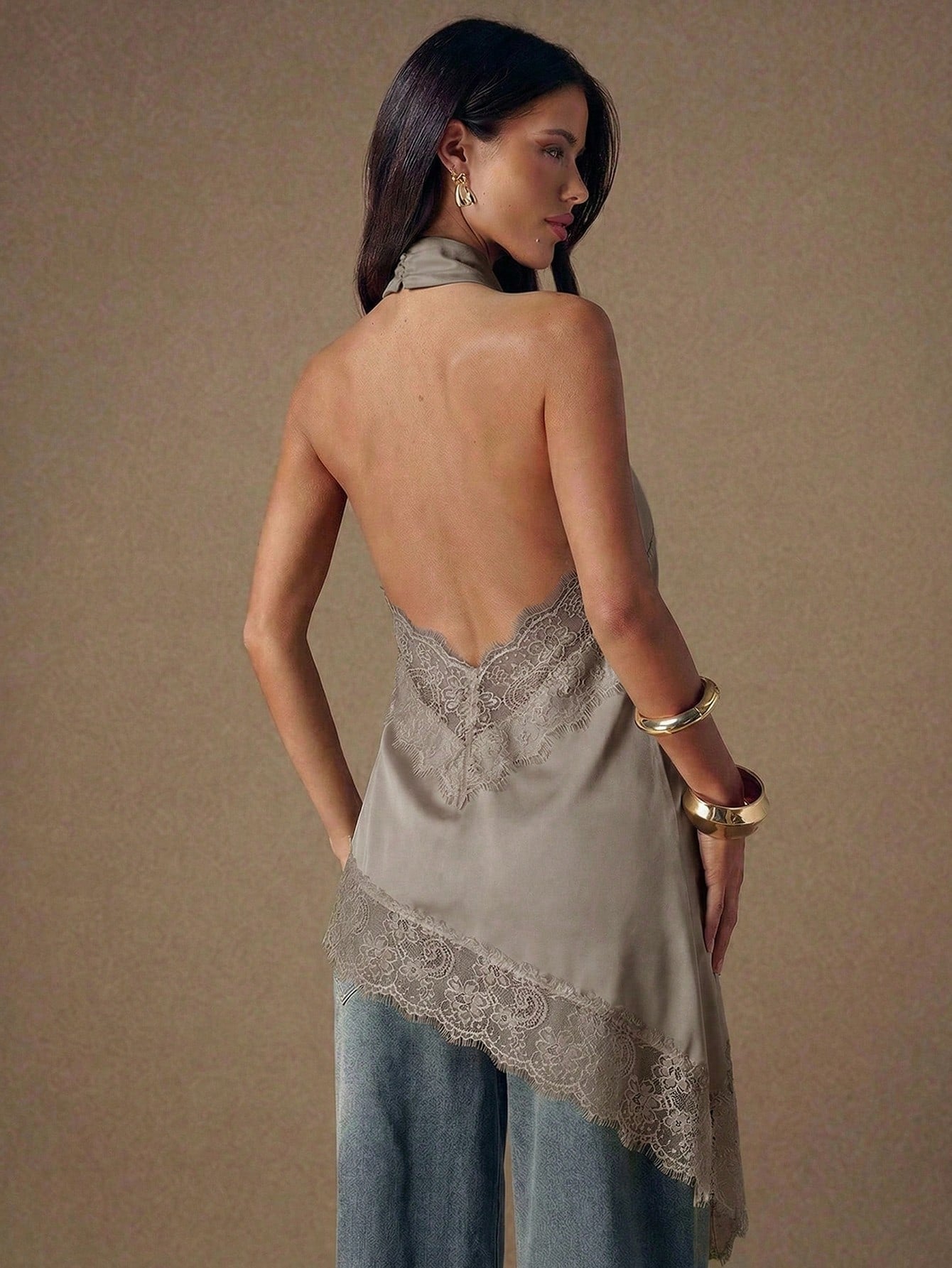 Asymmetrical Hem Lace Patchwork Elegant Halter Neck Top shein