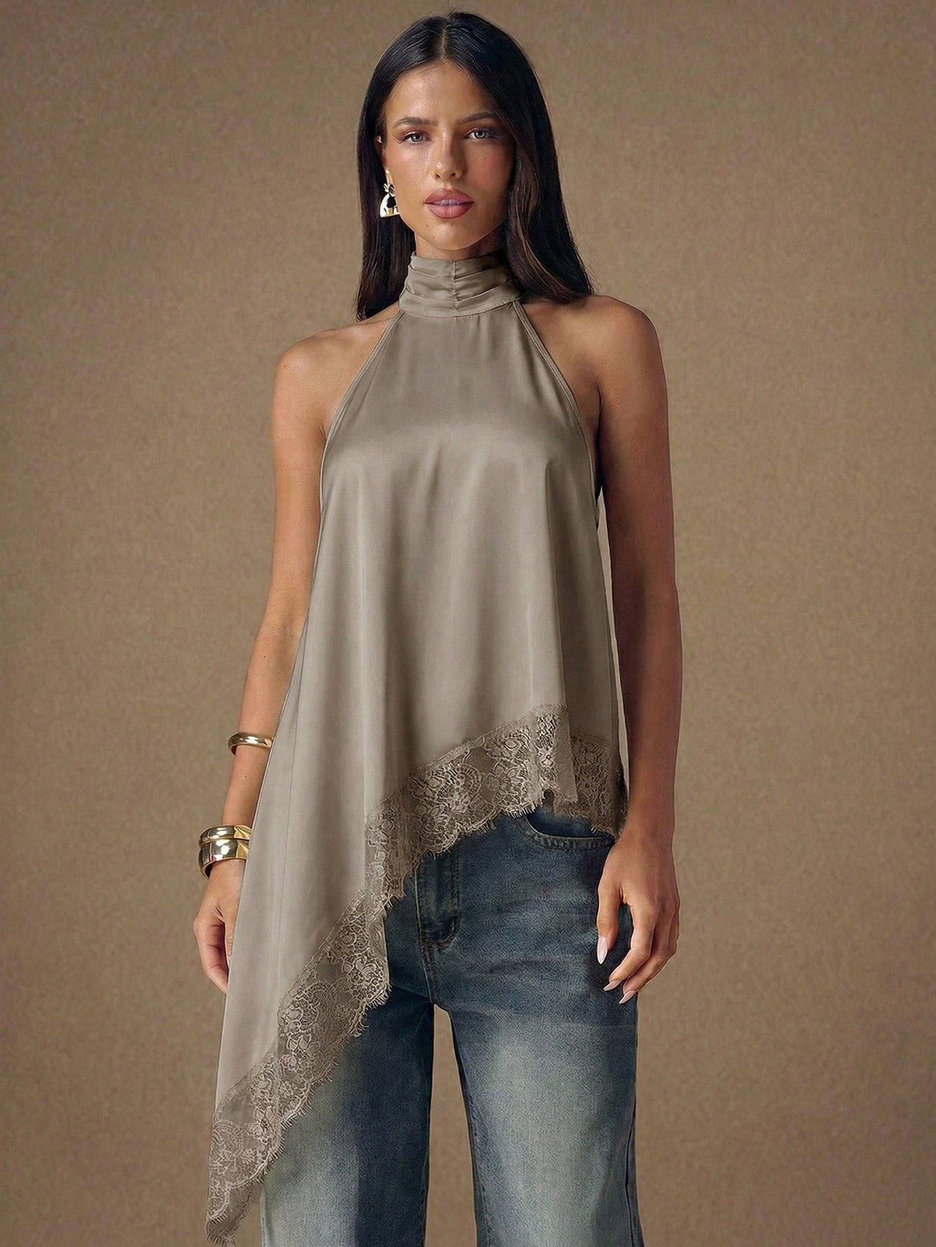Asymmetrical Hem Lace Patchwork Elegant Halter Neck Top shein