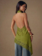Asymmetrical Hem Lace Patchwork Elegant Halter Neck Top shein