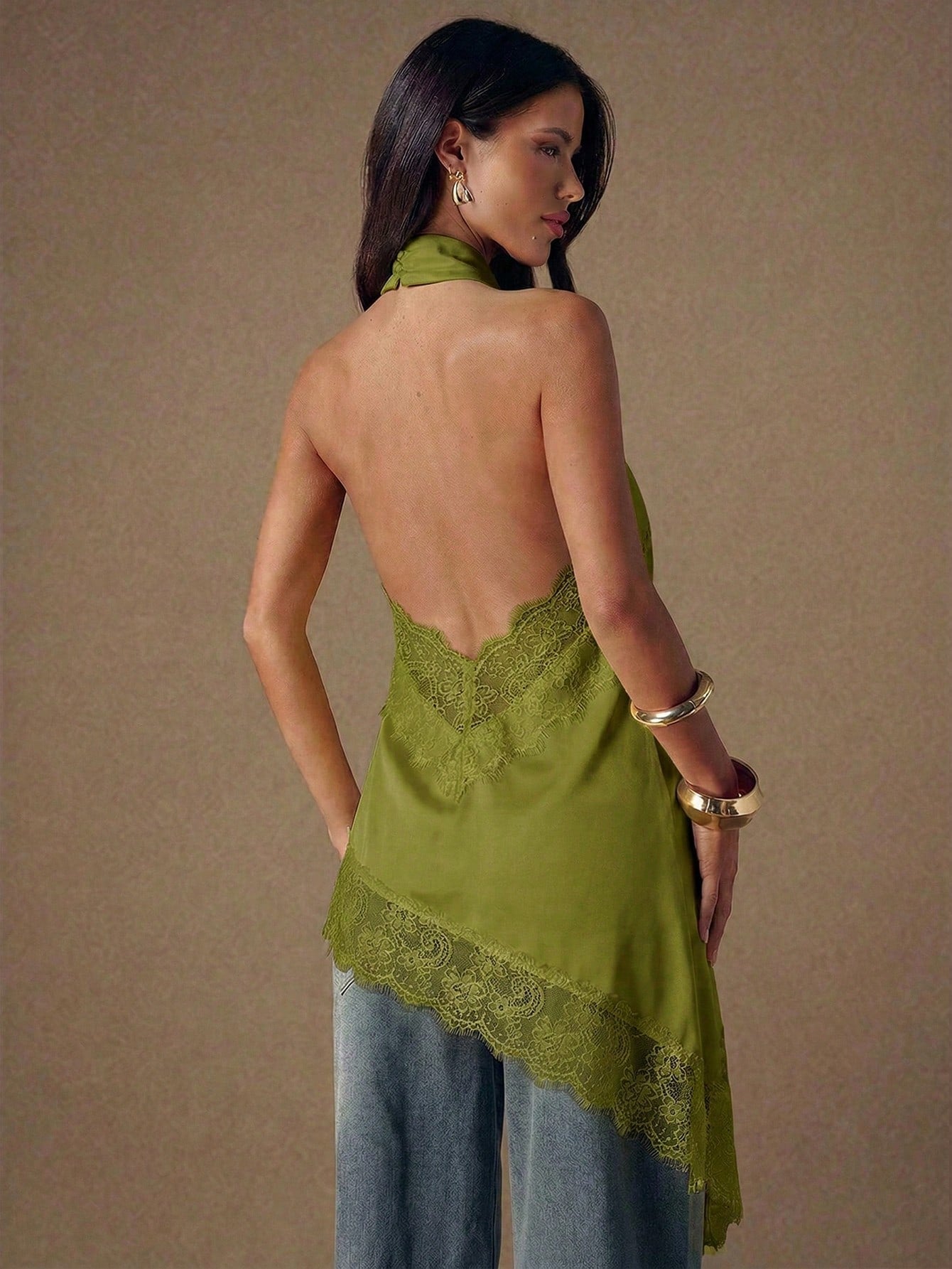 Asymmetrical Hem Lace Patchwork Elegant Halter Neck Top shein