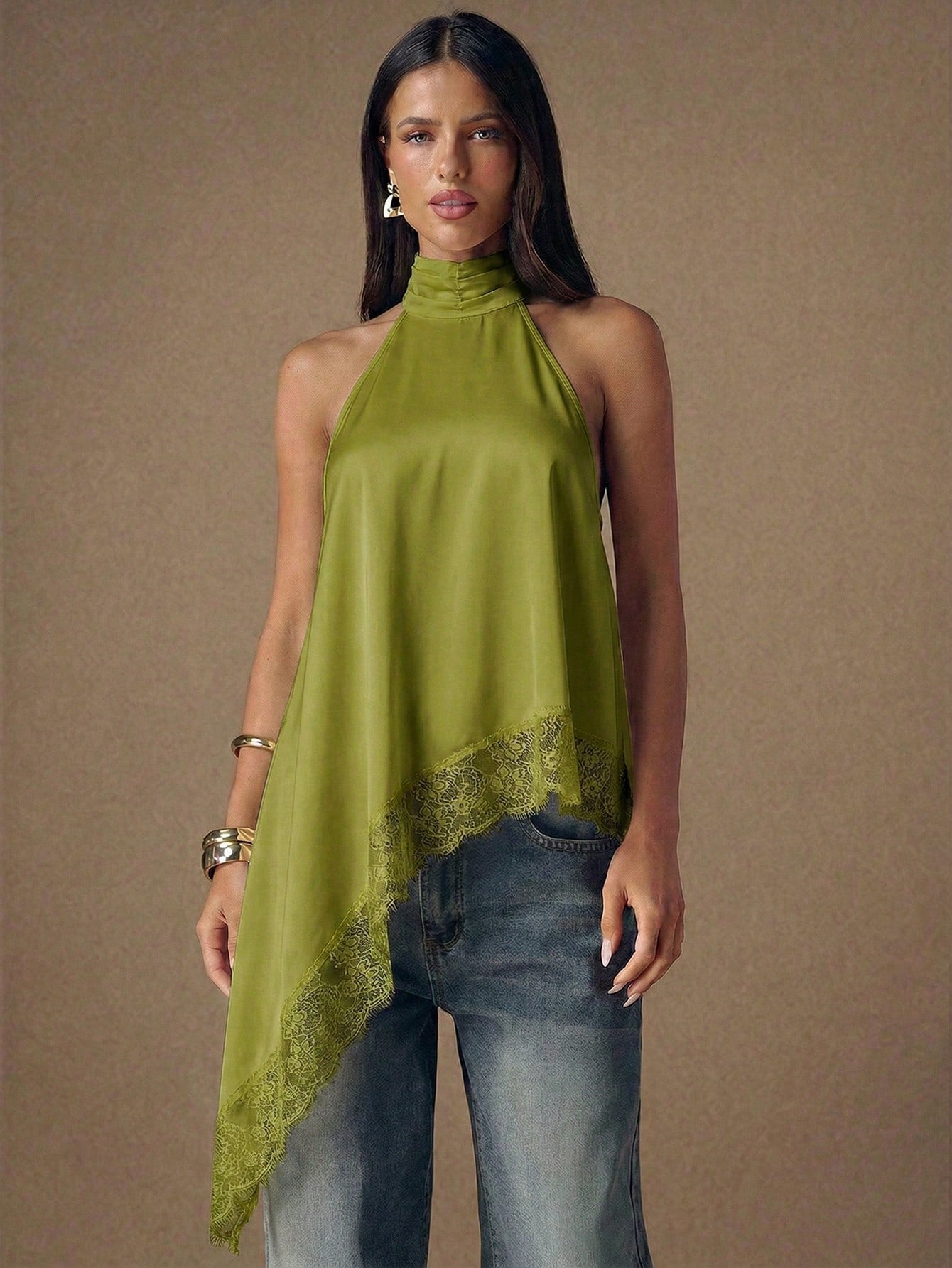 Asymmetrical Hem Lace Patchwork Elegant Halter Neck Top shein
