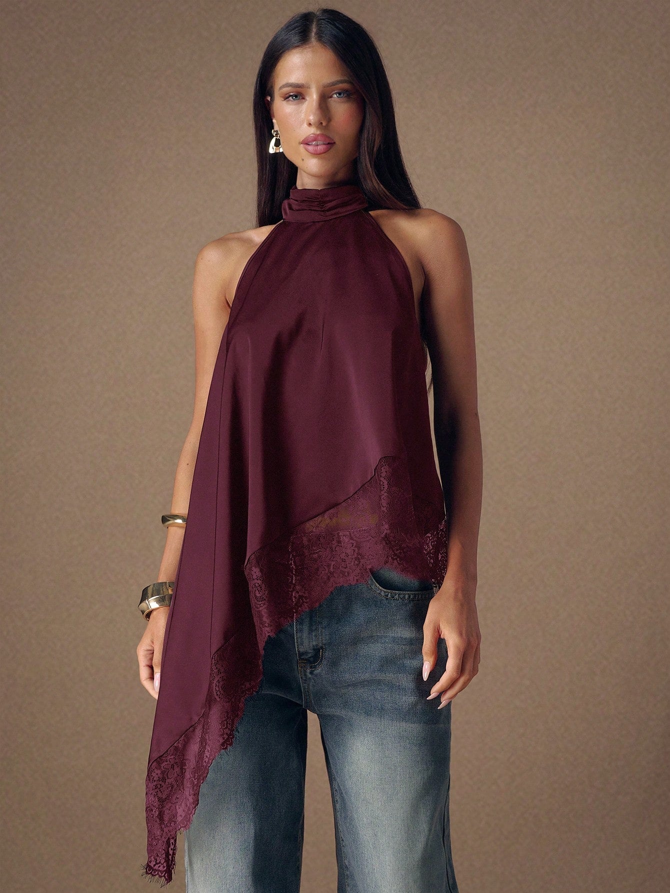 Asymmetrical Hem Lace Patchwork Elegant Halter Neck Top shein