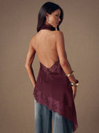 Asymmetrical Hem Lace Patchwork Elegant Halter Neck Top shein