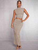 Mock Neck Crop Tank Top & Ruched Skirt shein