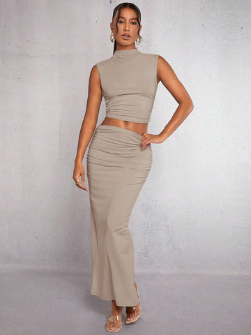 Mock Neck Crop Tank Top & Ruched Skirt shein