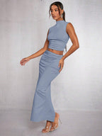 Mock Neck Crop Tank Top & Ruched Skirt shein